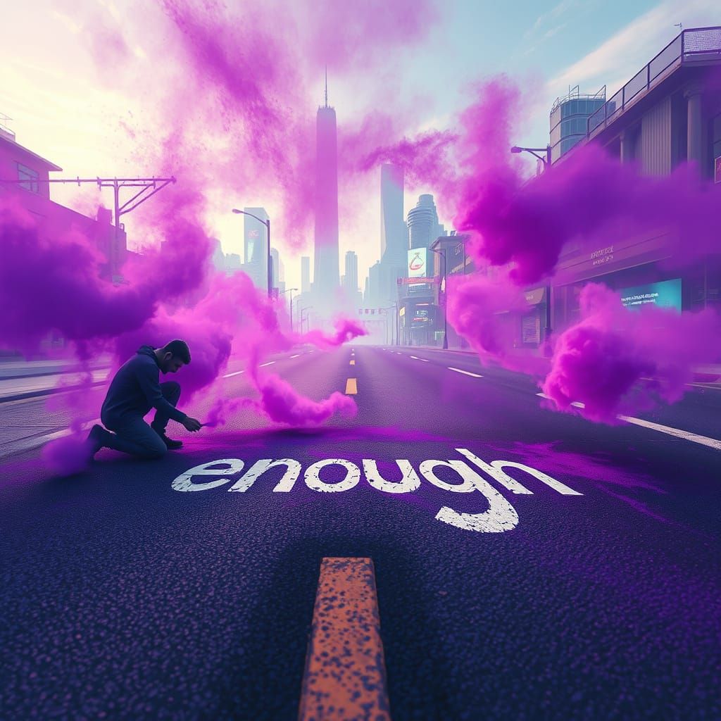 Vibrant Chalk Art Blooms on Asphalt Road in Cyberpunk City