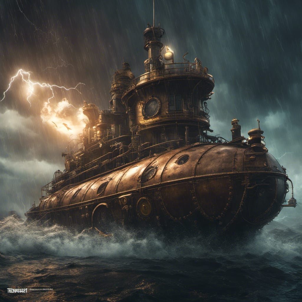 Steampunk Submarine Navigates a Raging Storm