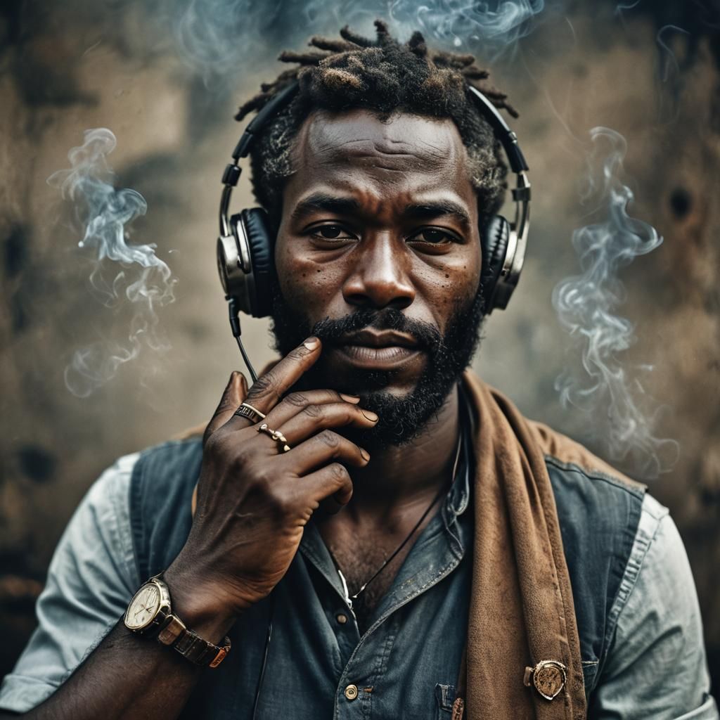 Bearded Man Smoking Cigar in Ambient Light Portrait