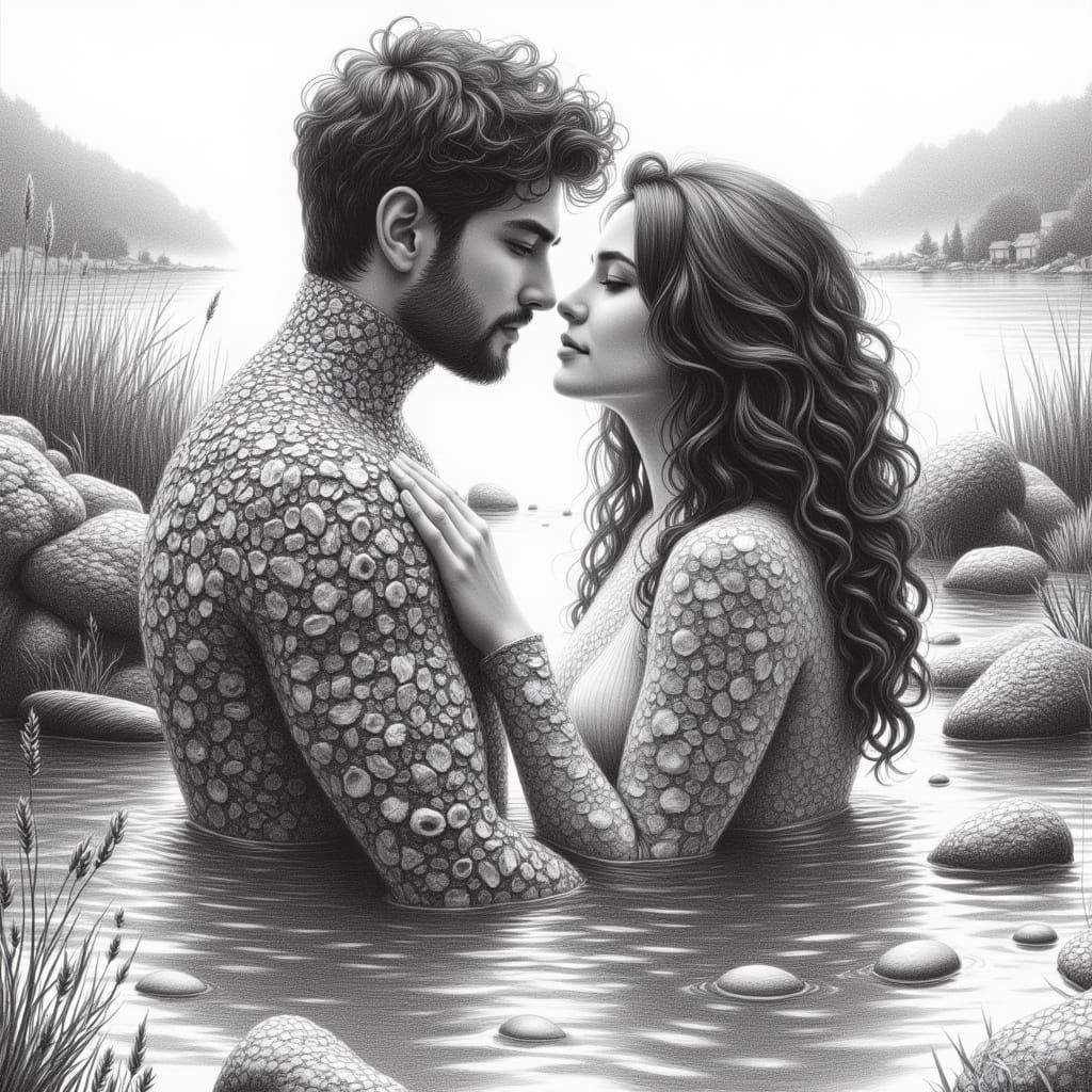 Intimate Embrace in Tidal Pool: Hyper-Realistic Greyscale Ar...