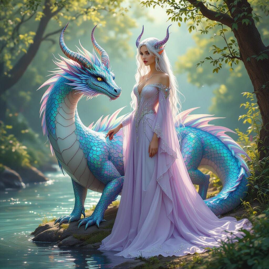 Ethereal Woman and Dragon in Magical Forest
