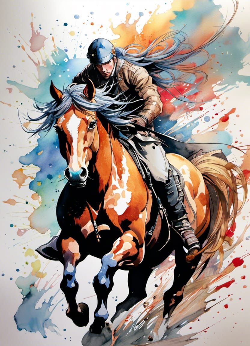 Cattlepunk Stallion in Watercolor Manga Style