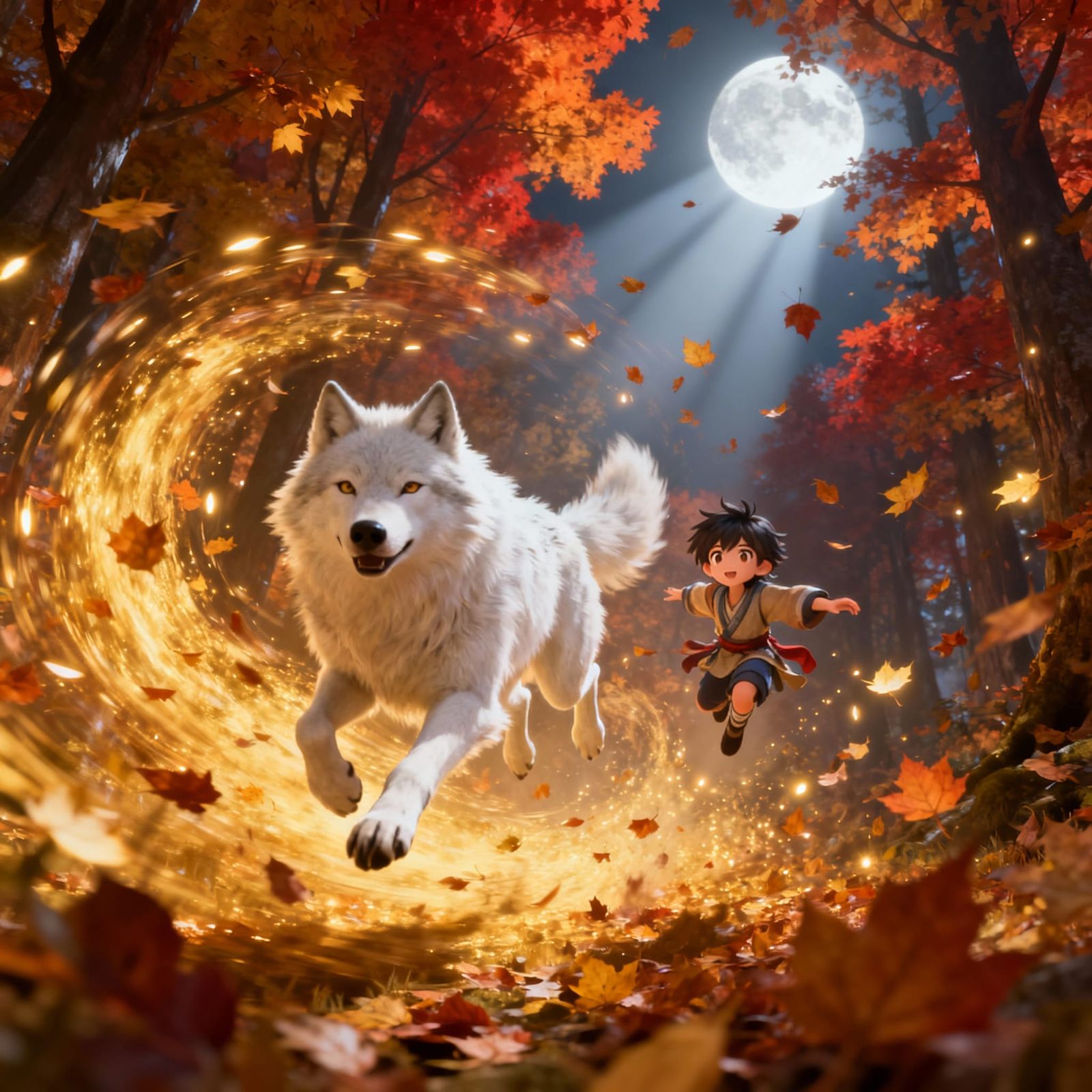 White Wolf and Child Soar Through Autumn Leaves