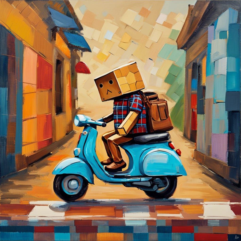 Hipster Danbo Rides Vespa: Expressionist Oil Painting