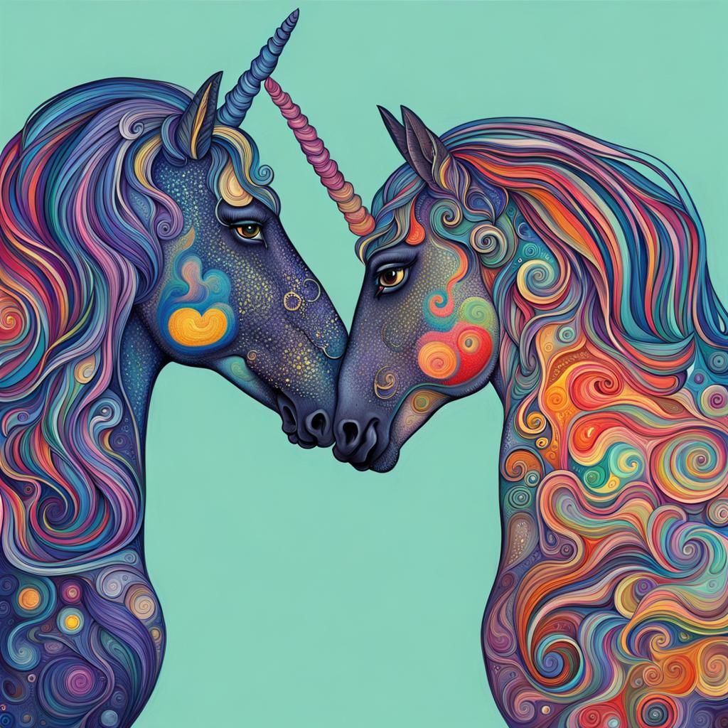 Centaur and Unicorn Kiss in Abstract Style