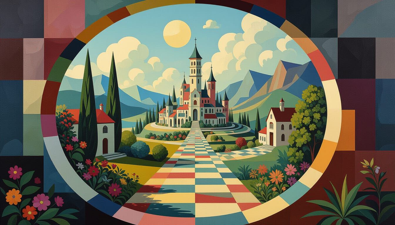 Surreal Cubist Garden of Earthly Delights with Art Deco Elem...