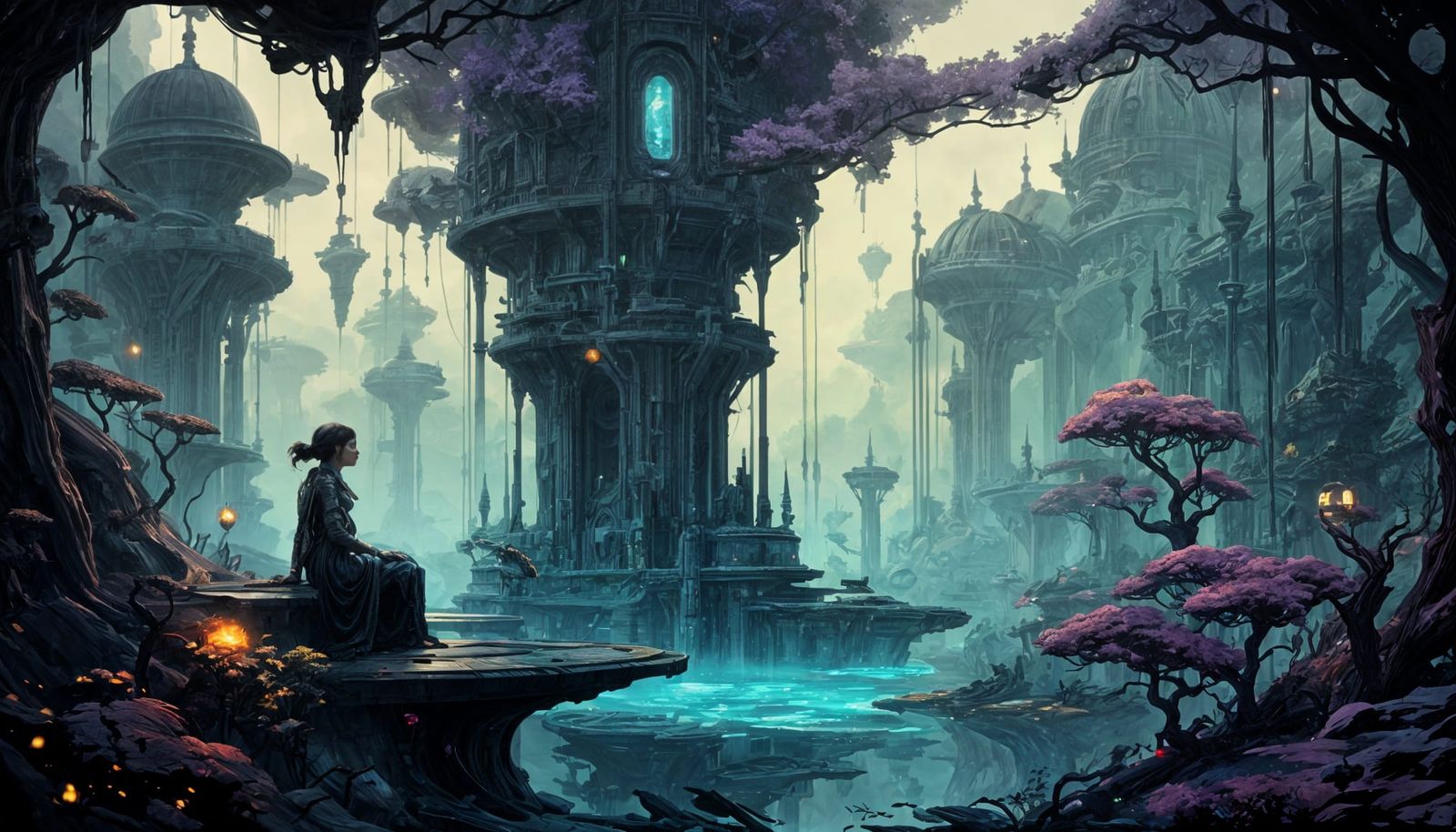 R2D2 in a Dark Fantasy Space Port on a Distant Alien World