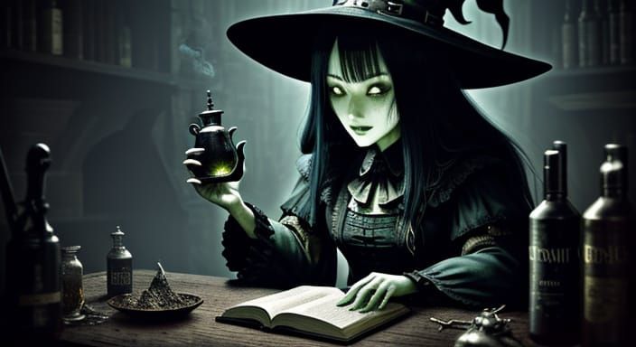 Dark Fantasy Apothecary Study in Muted Gothic Elegance