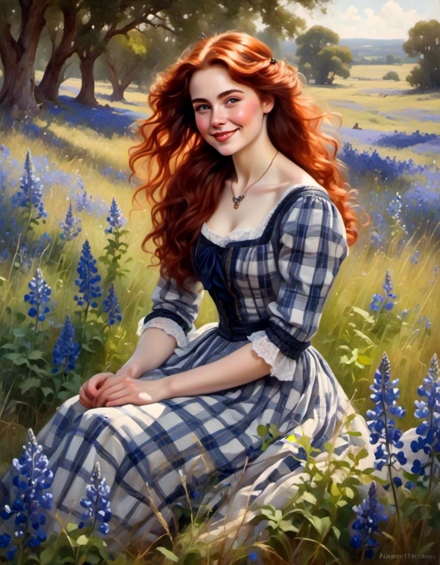 Victorian Woman in Bluebonnet Field Portrait
