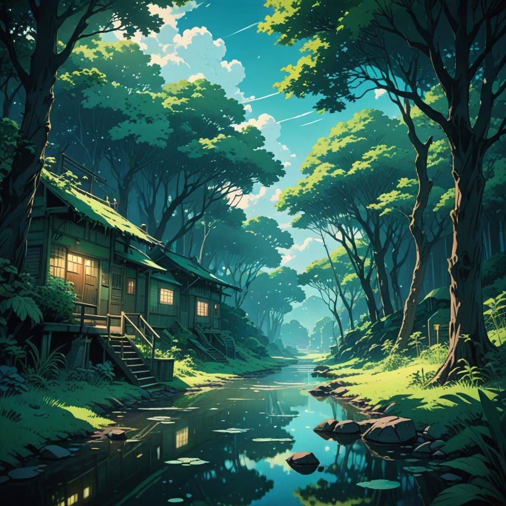 Quiet Floating Village in Anime Style