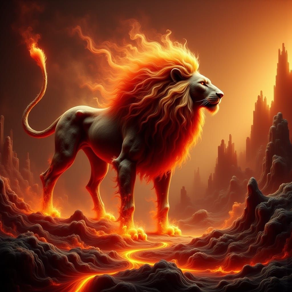 Magma Lion Creature in Inferno Landscape