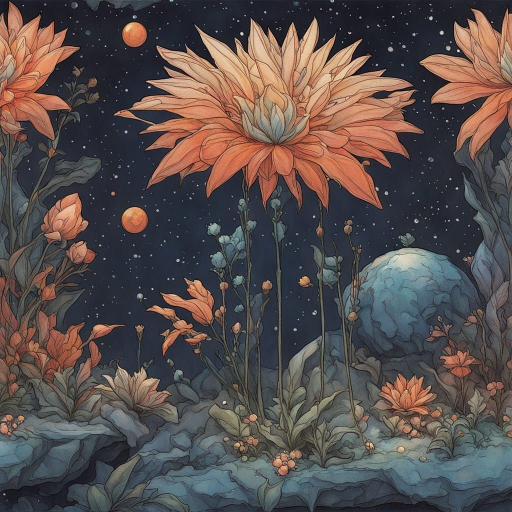 Celestial Botanist Tending Cosmic Flora, Dark Fantasy Art