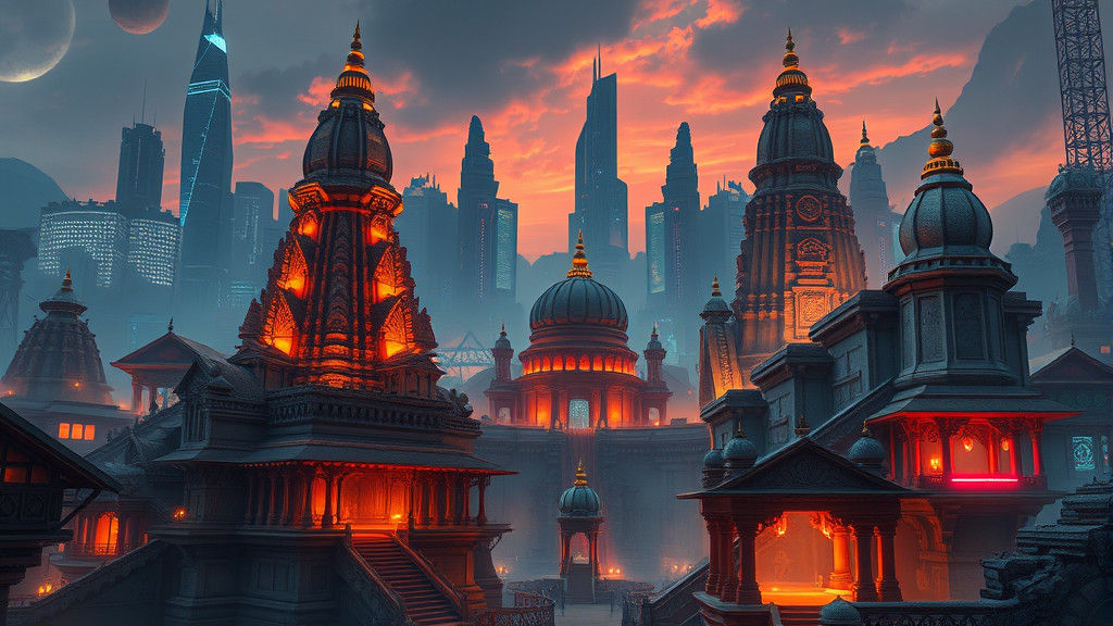 Futuristic Cityscape Coexists with Ancient Temples, Hyperrea...
