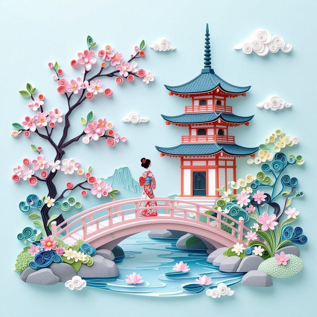 Dreamy Japanese Pagoda Scene with Lady on Bridge