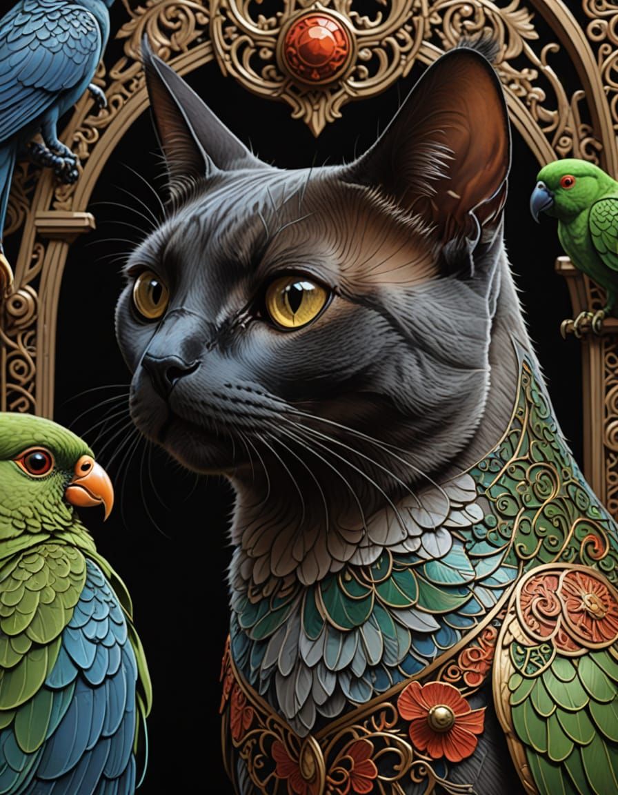 Majestic Burmese Cat and Parrot Portrait in Intricate Digita...