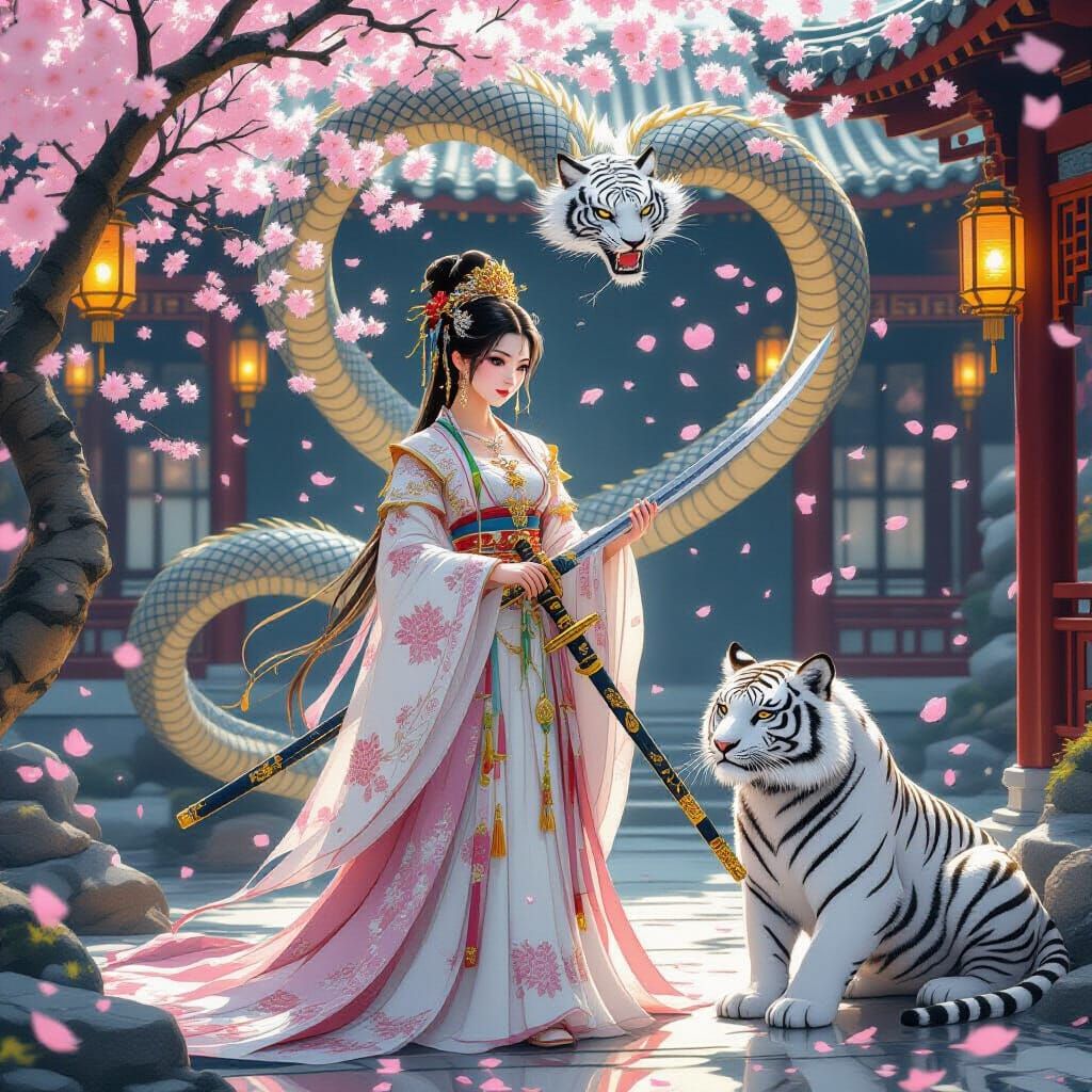 Princess with White Tiger in Ancient Temple