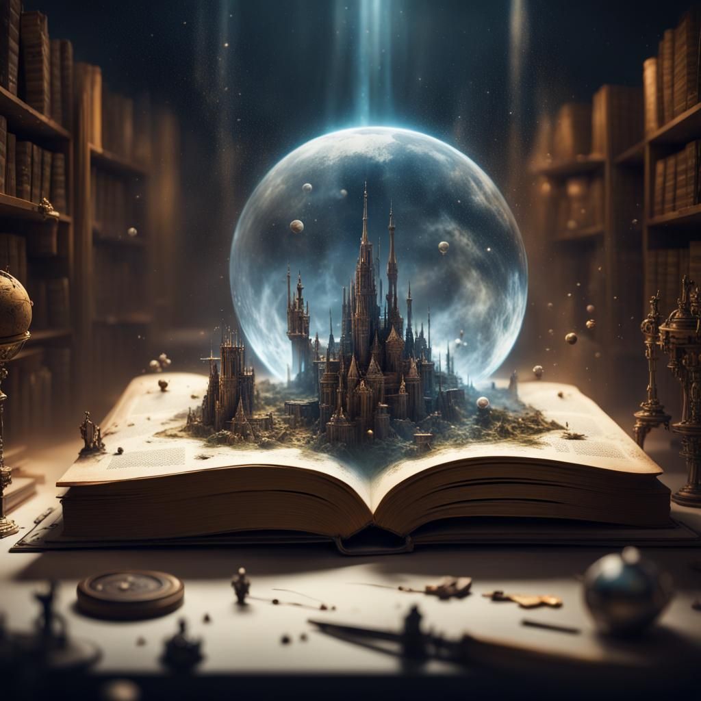 Sci-Fi World Emerges from Book, Digital Illustration