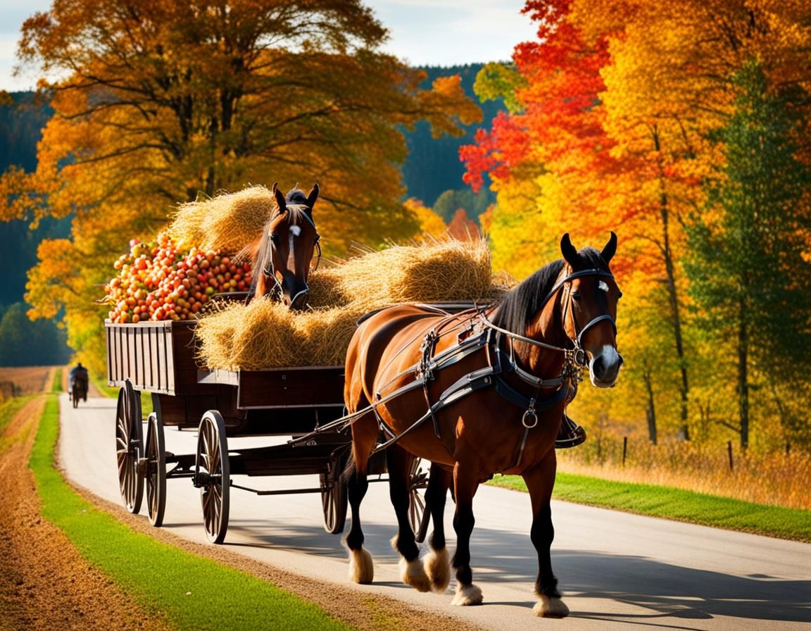Autumn Harvest: Horse-Drawn Wagon in Rural Landscape