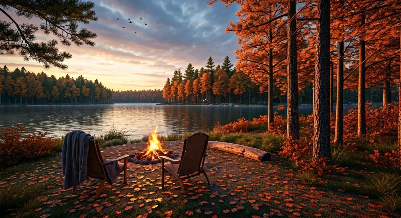 Autumn Campfire by Lake: Hyperrealistic Landscape