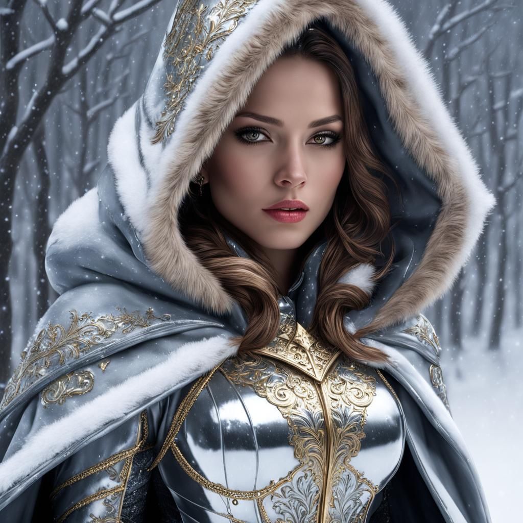 Armored Woman in Blizzard: Hyperdetailed Fine Art