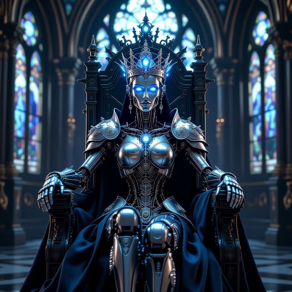 Regal Automaton Queen on Obsidian Throne in Gothic Hall
