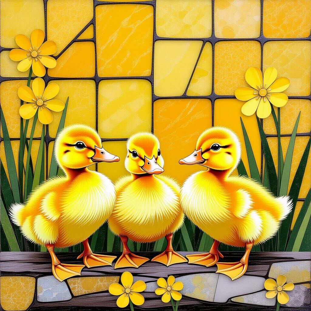 Whimsical Ducklings Collage in Mixed Media Style