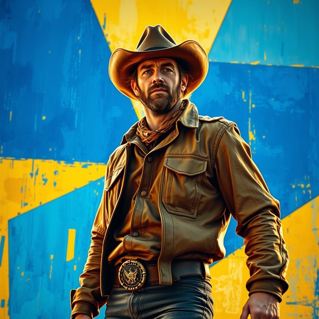 Impasto Abstract Cowboy Painting with Vibrant Geometric Back...