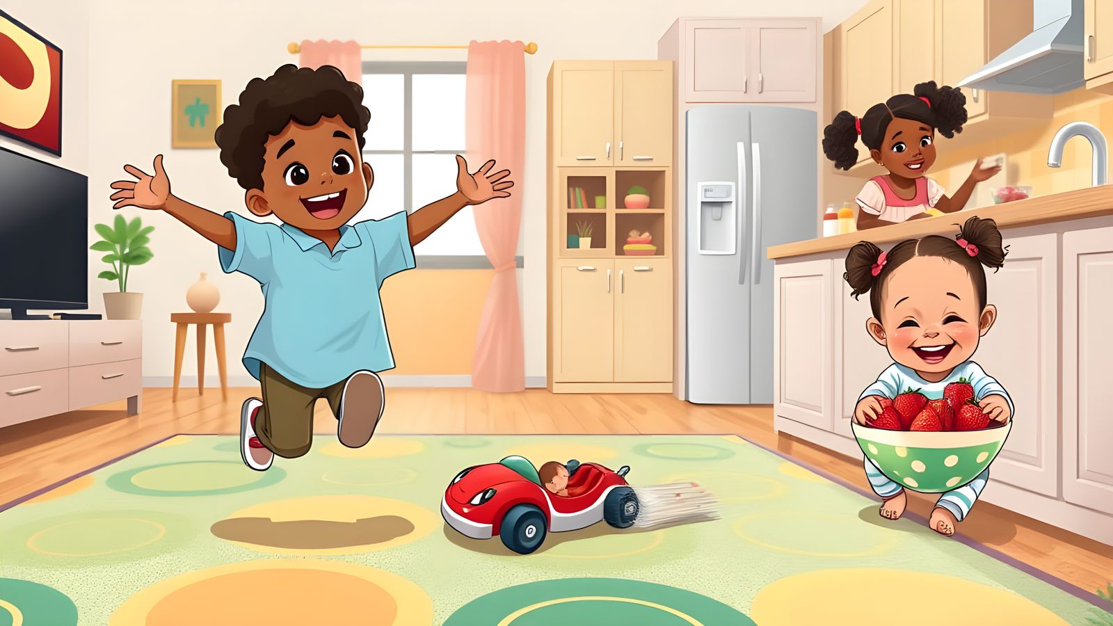 Joyful Children in Living Room, Vector Art Illustration