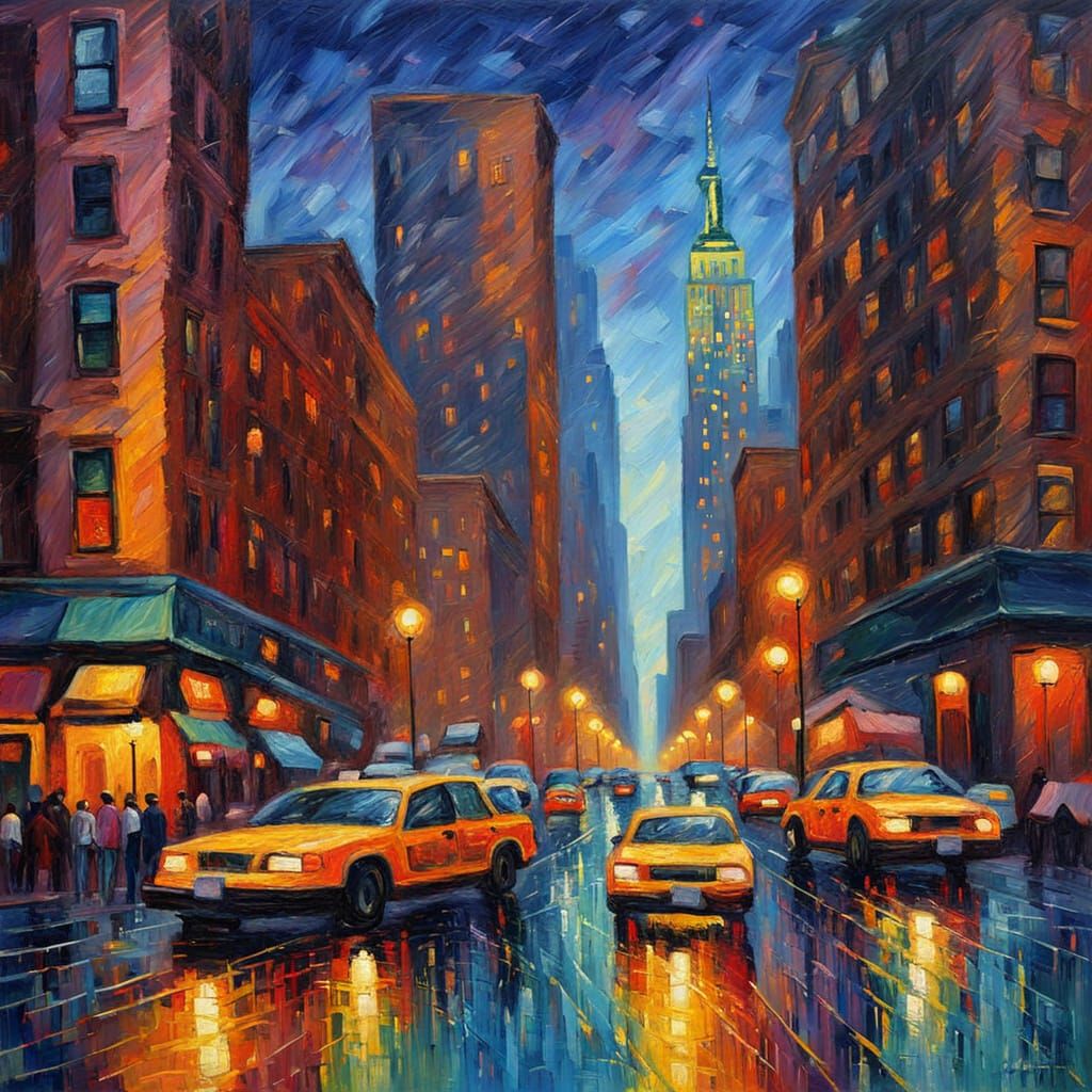 Manhattan Cityscape in Neo-Impressionist Style