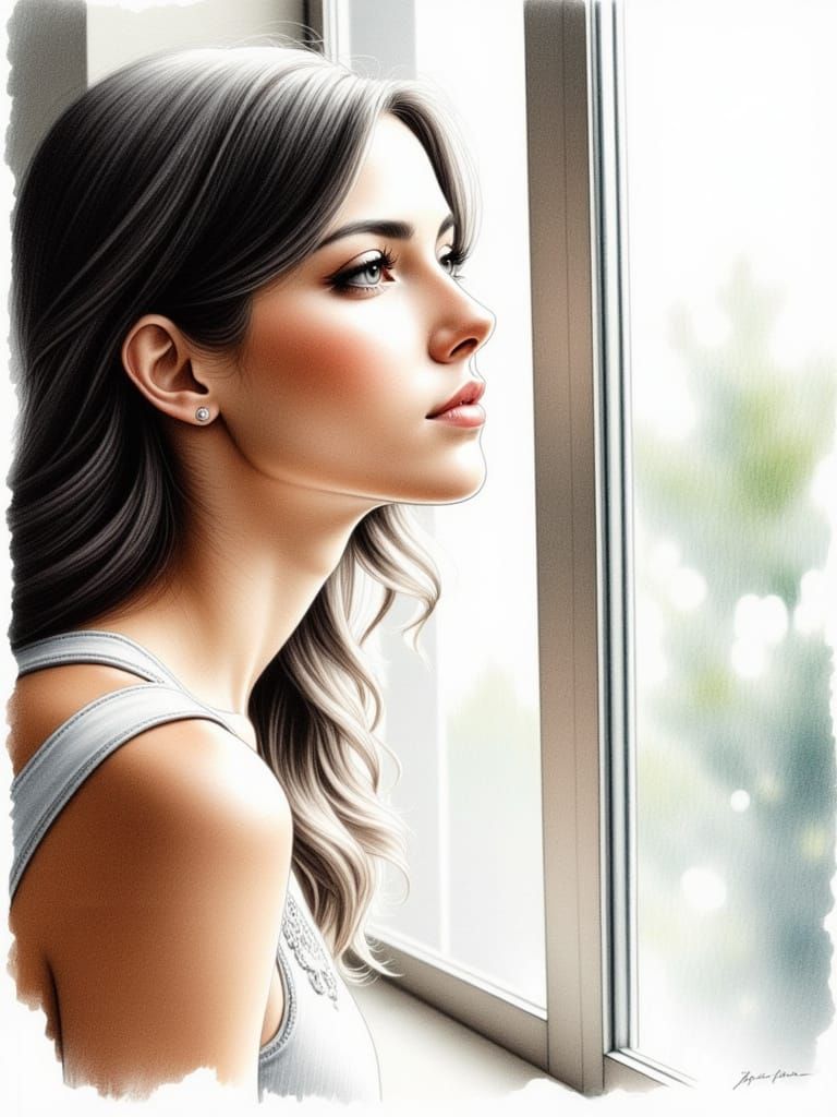 Elegant Woman Contemplating in a Photorealistic Watercolor S...