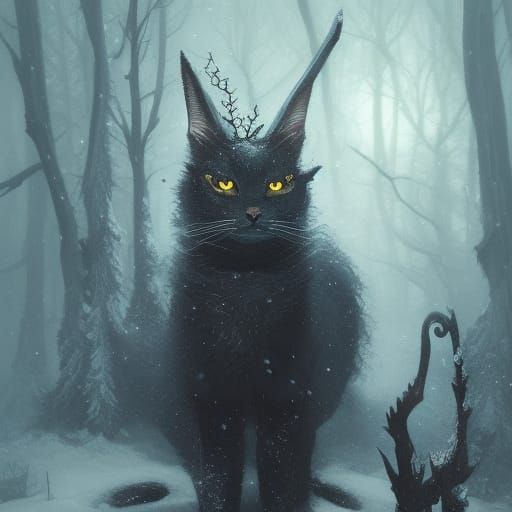 High Gothic Yule Cat in Snowy Forest