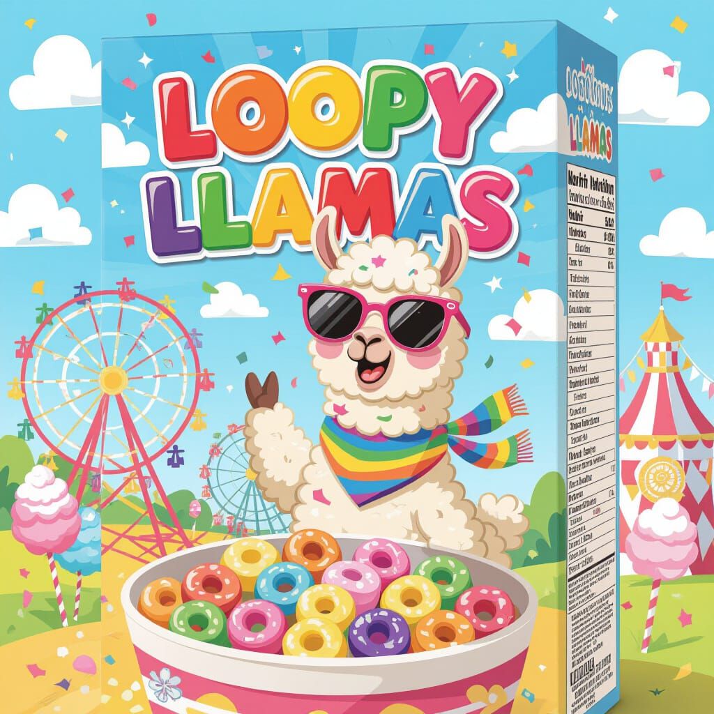 Loopy Llamas Cereal Box Design in Cartoon Style