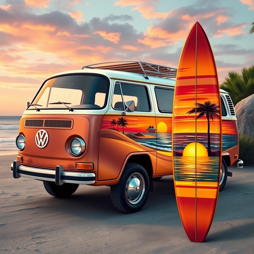 Volkswagen Van Sunset Beach Scene in Ultra HD Detail