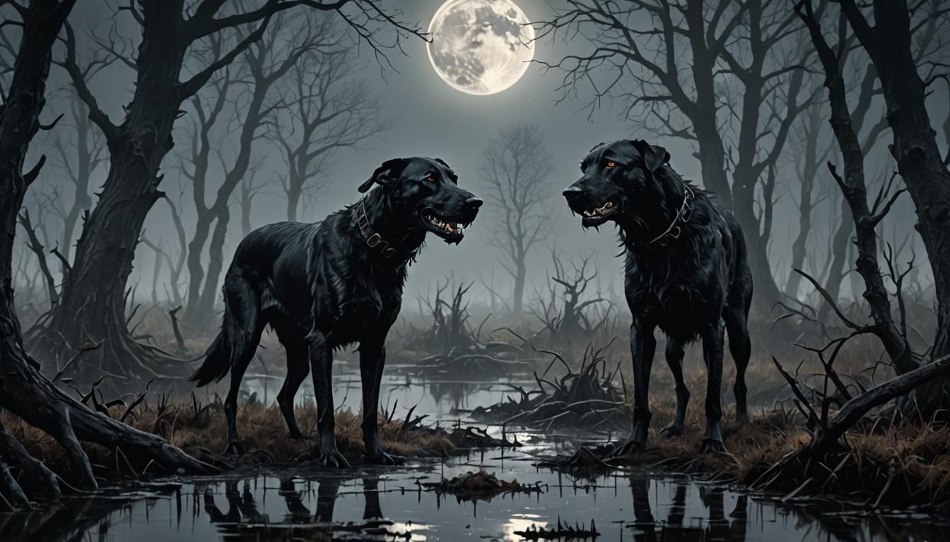 Terrifying Hound in Foggy Marsh, Dark Fantasy Art