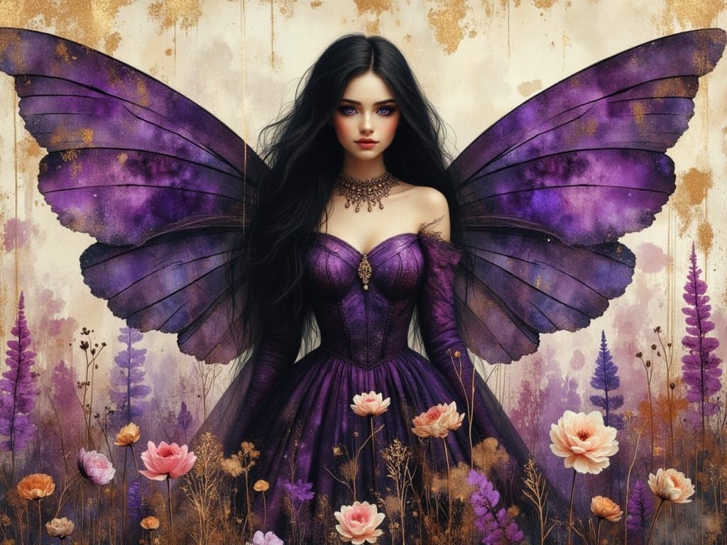 Hyperrealistic Fairy with Purple Wings in Dreamscape Art