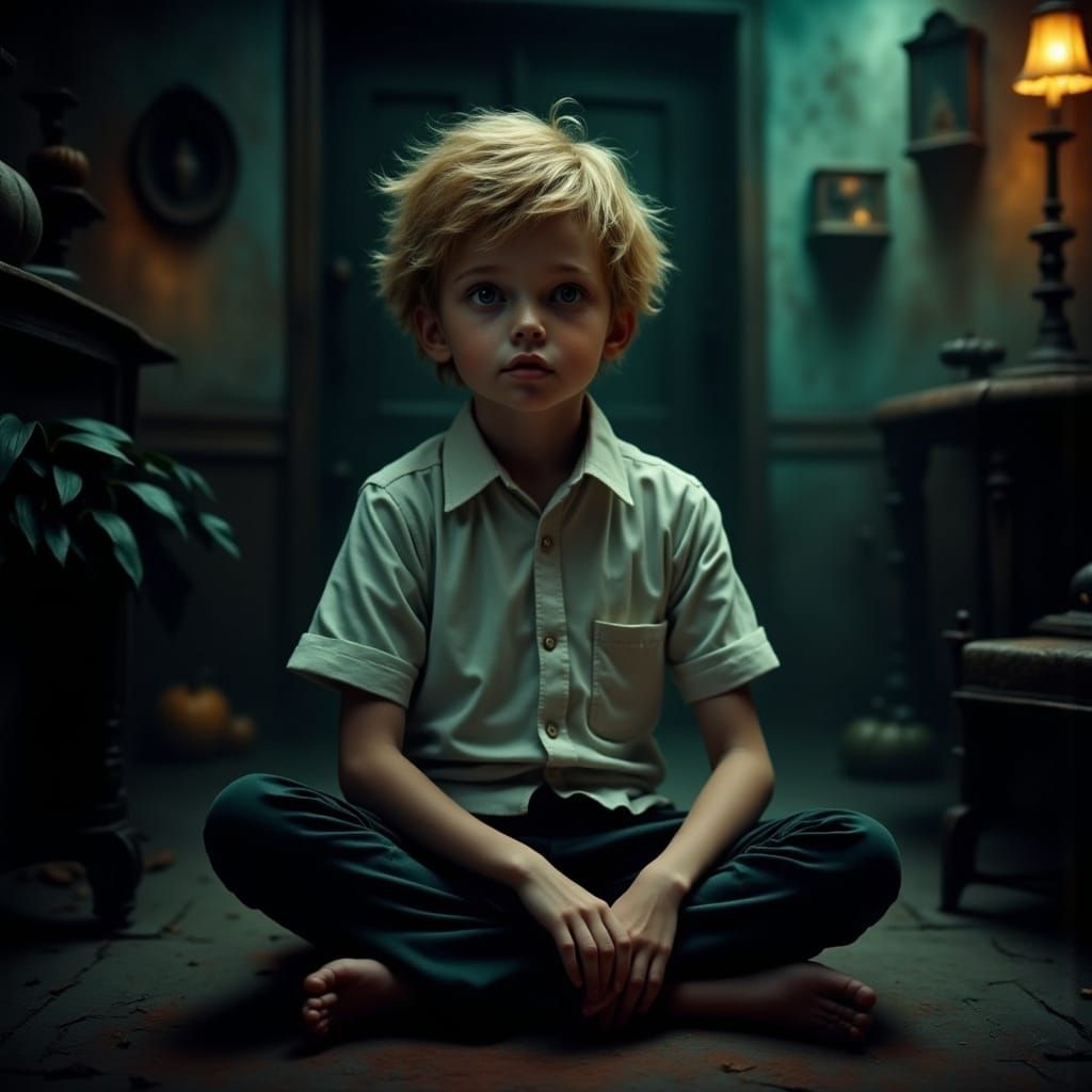 Young Boy Bathed in Mysterious Ethereal Glow in a Dark Spook...