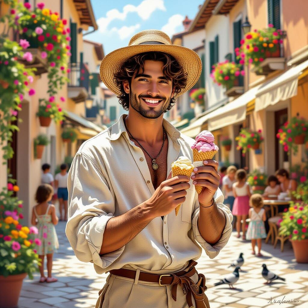 Italian Gelato Vendor in Sunlit Piazza