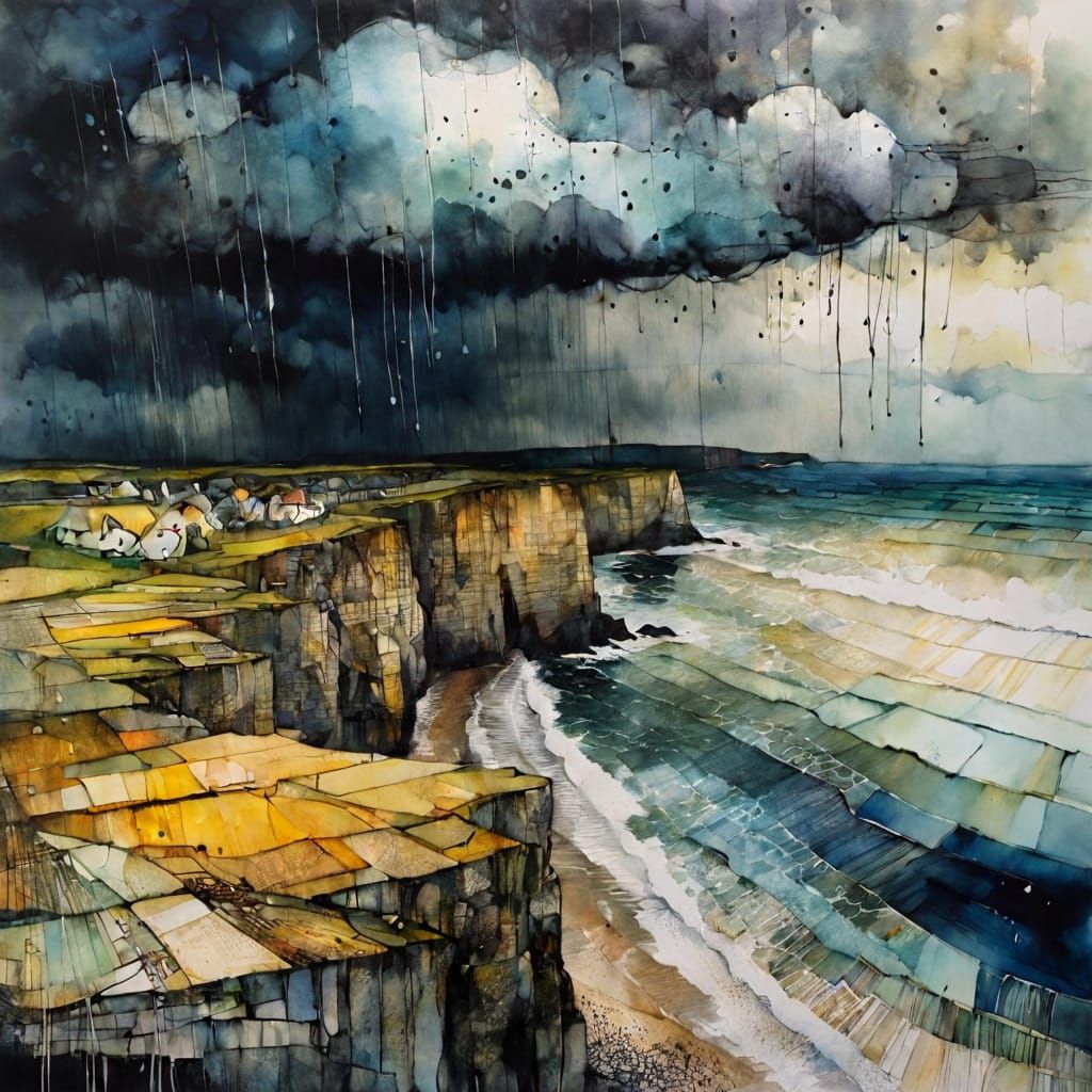 Summer Storm Seashore View as Alcohol Ink Painting