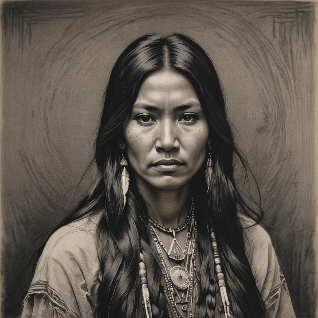 Detailed Charcoal Portrait of Native American Woman