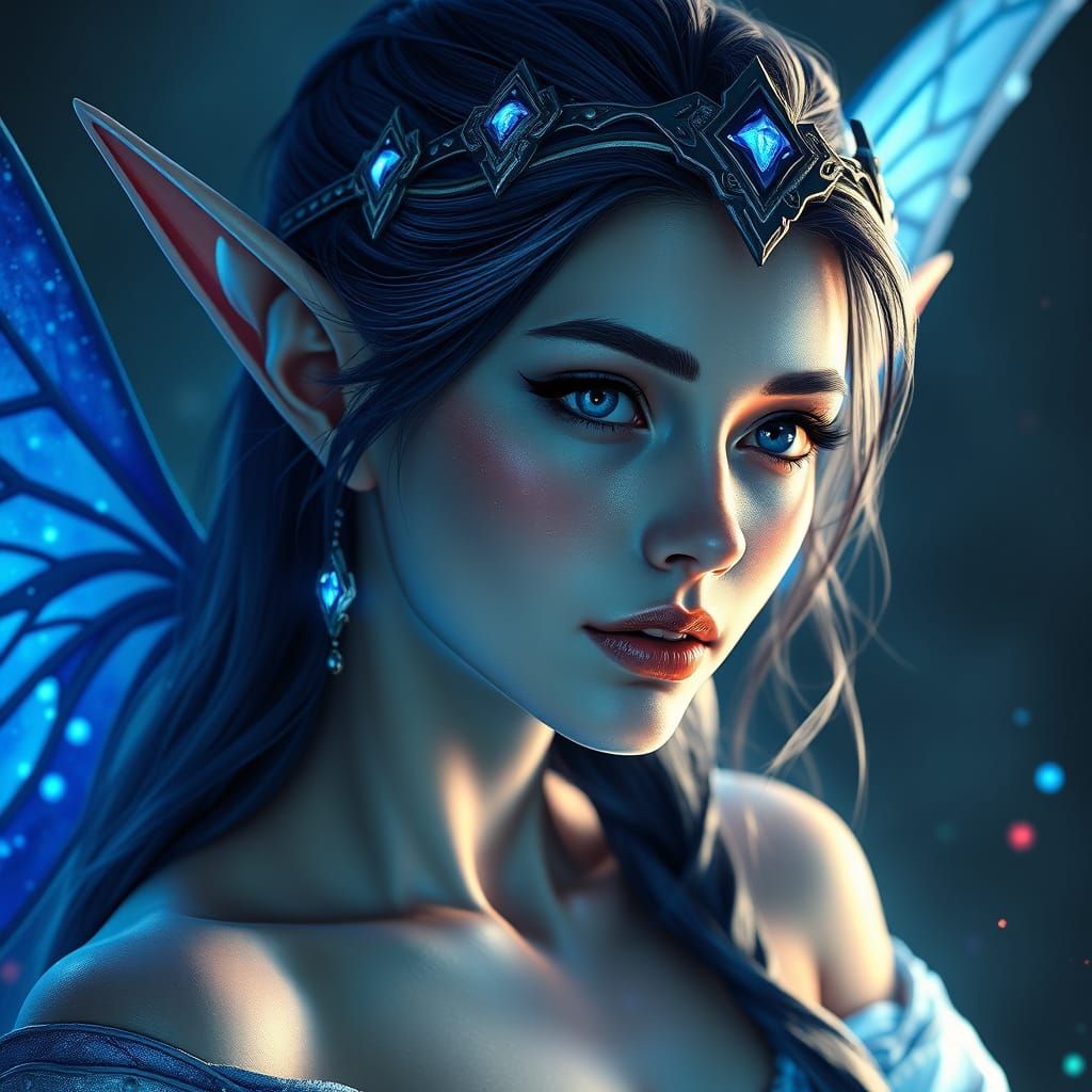 Elegant Blue Elf Fairy Portrait in Digital Art Style