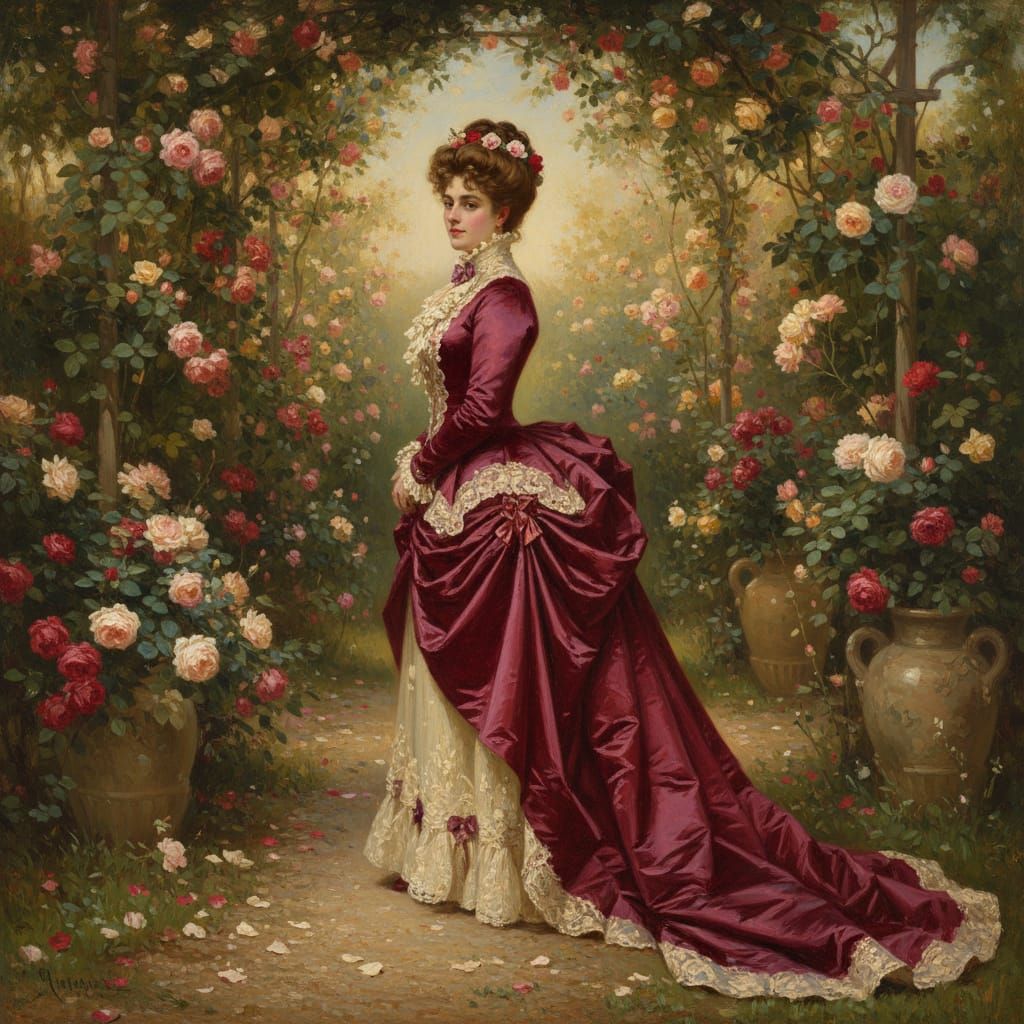 Victorian Woman in Rose Garden, Painterly Realism Style