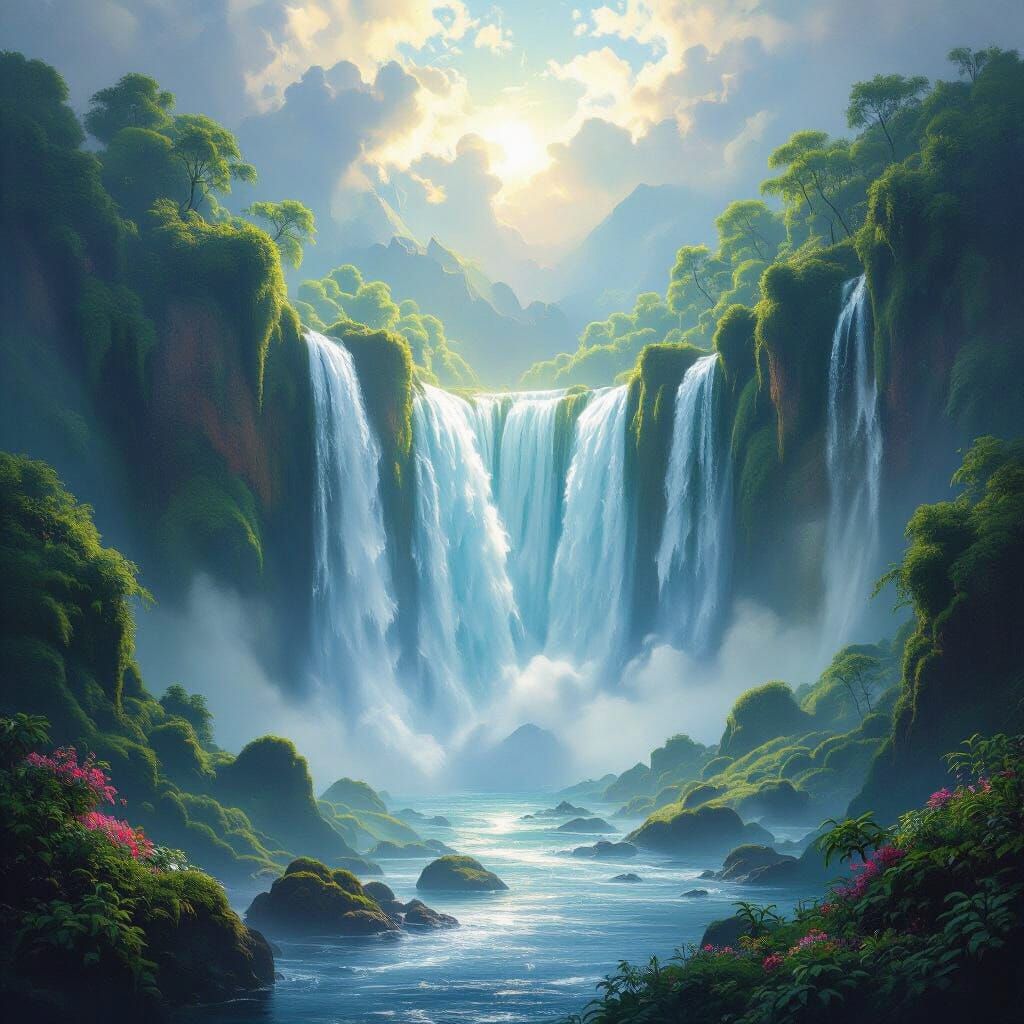 Majestic Waterfall Descends From Sky into Lush Valley