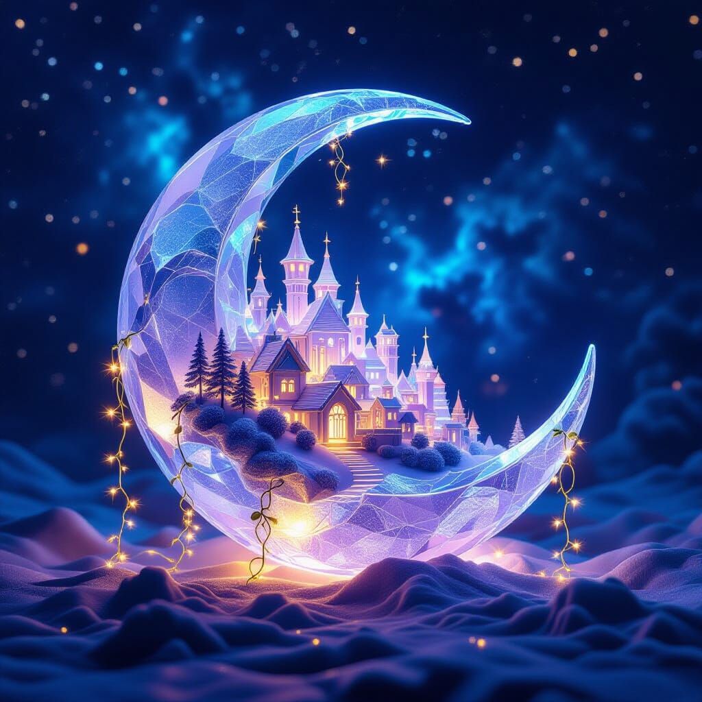 Crystal Moon Village in Nebula: Hyperrealistic Sci-Fi Photog...