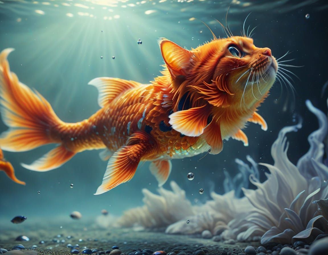 Surreal Cat-Goldfish Hybrid in Photorealistic Style