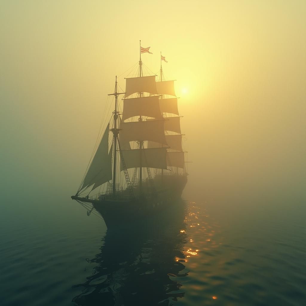 Mystical Ship Glides on Misty Golden Seascape