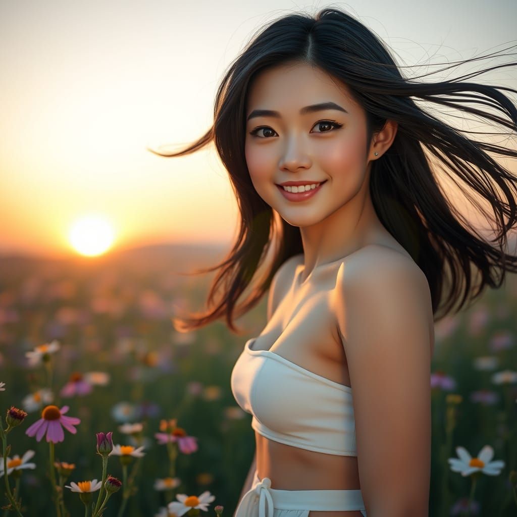 Japanese Woman in Wildflower Field at Dawn