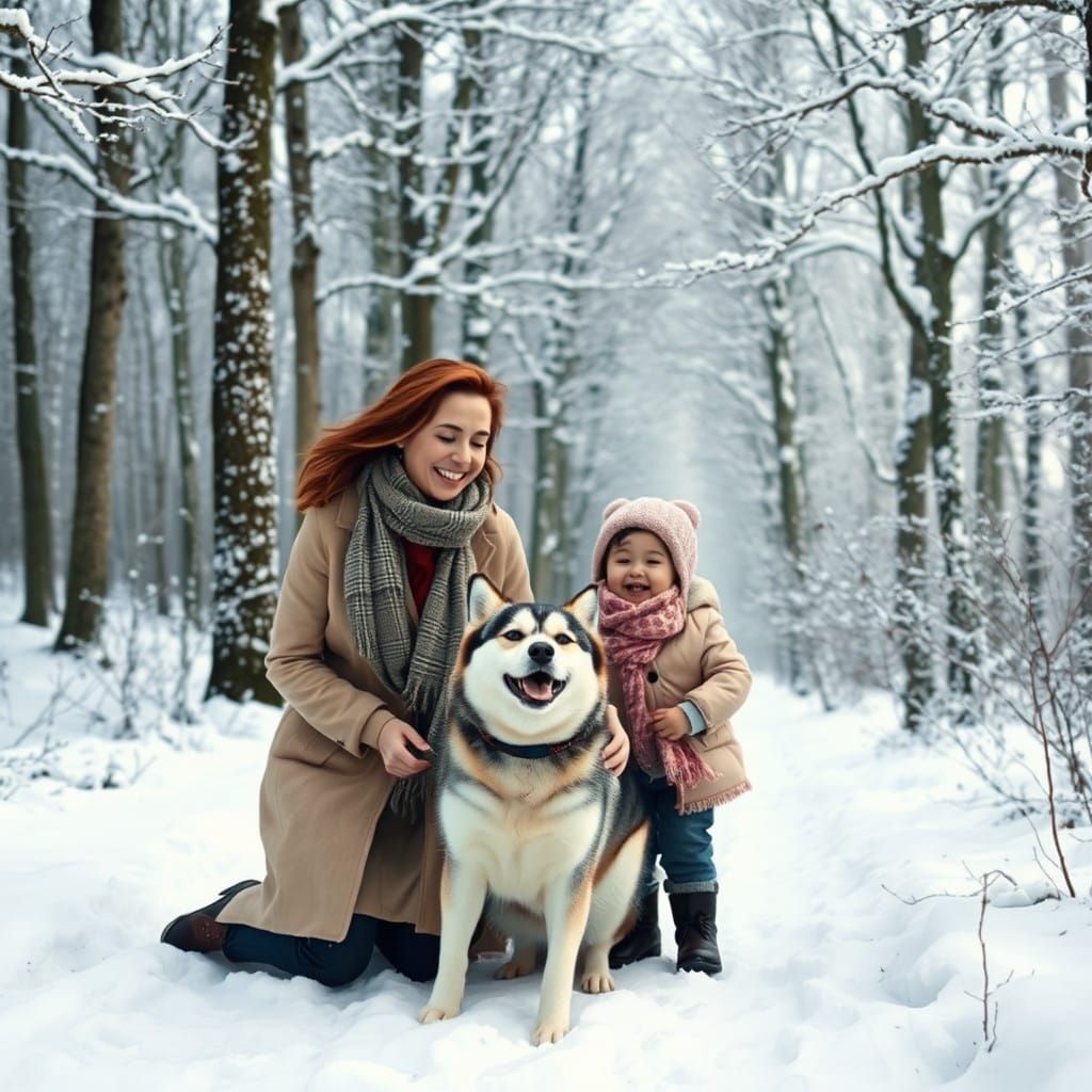 Mother and Child Play in Snowy Woods with Happy Husky