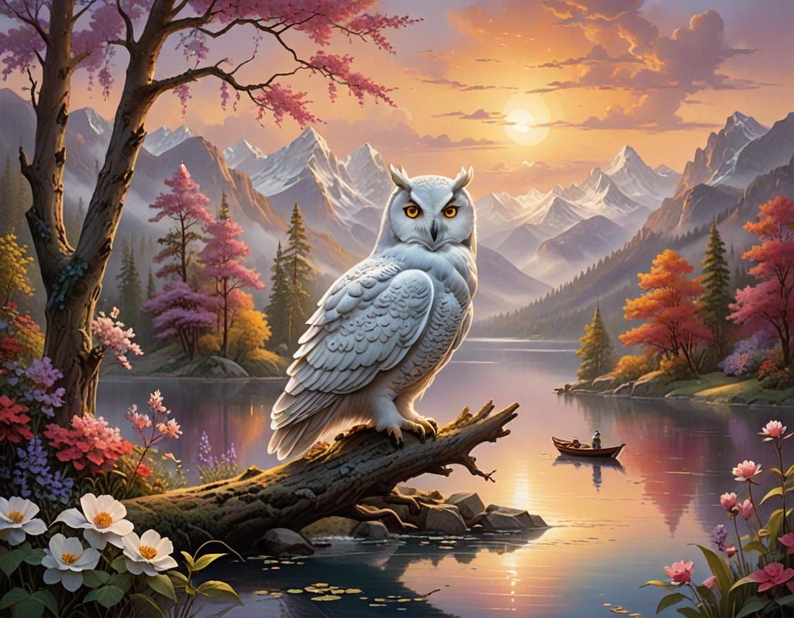 White Owl Overlooking Sunset Lake: Kinkade Style