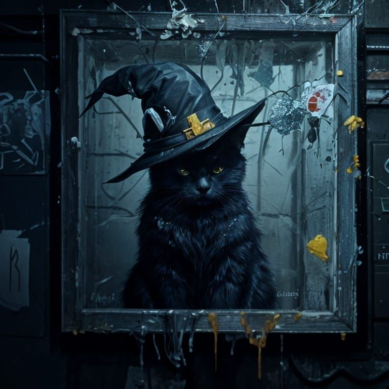 Stitched Black Cat in Witch Hat: 3D Graffiti Art