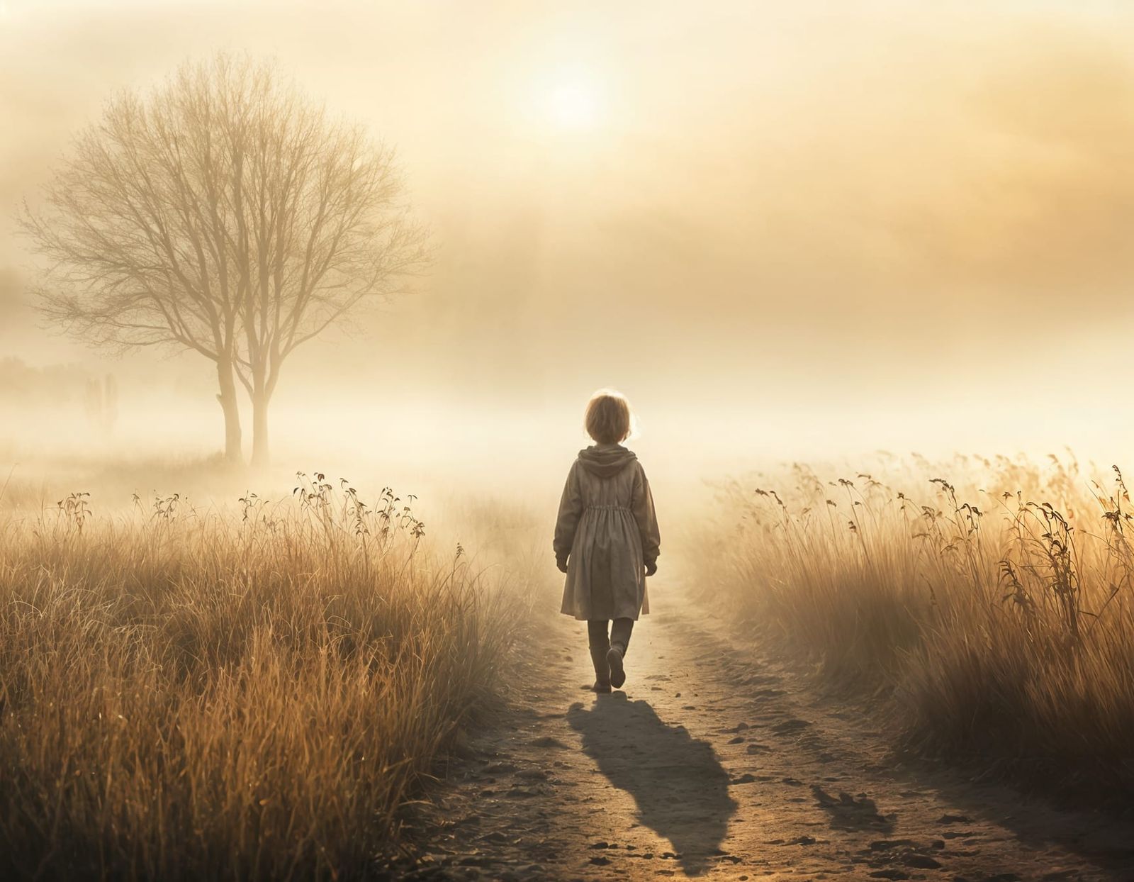 Child and Shadow Holding Hands in Fog